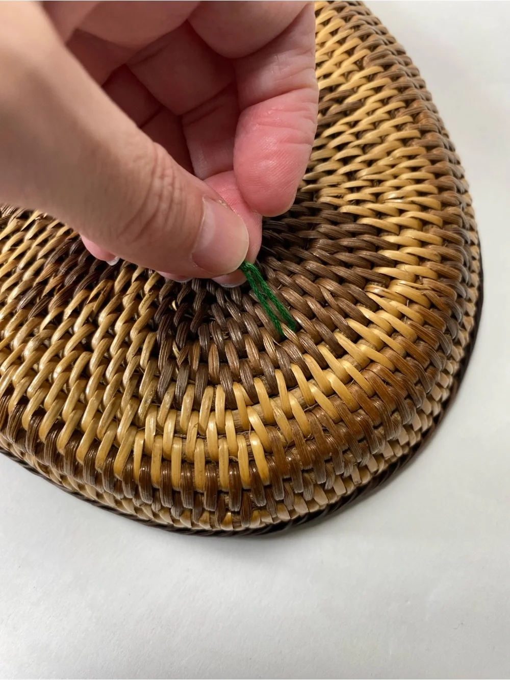 Artisan Two-Tone Hand-Woven Oval Oblong Geometric Pattern Rattan Basket Tray